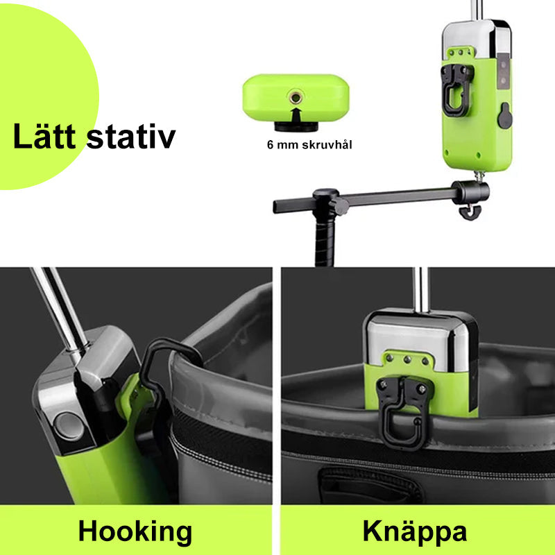 "Elegant syrepump för fiske med tyst drift, kompakt design, och betesljus för nattfiske. Perfekt för fisketurer."