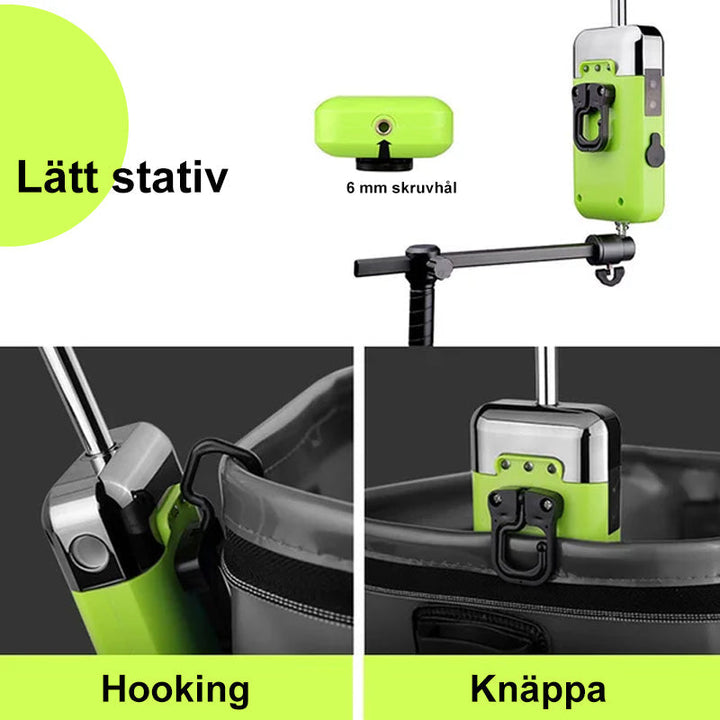 "Elegant syrepump för fiske med tyst drift, kompakt design, och betesljus för nattfiske. Perfekt för fisketurer."