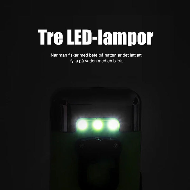 "Elegant syrepump för fiske med tyst drift, kompakt design, och betesljus för nattfiske. Perfekt för fisketurer."