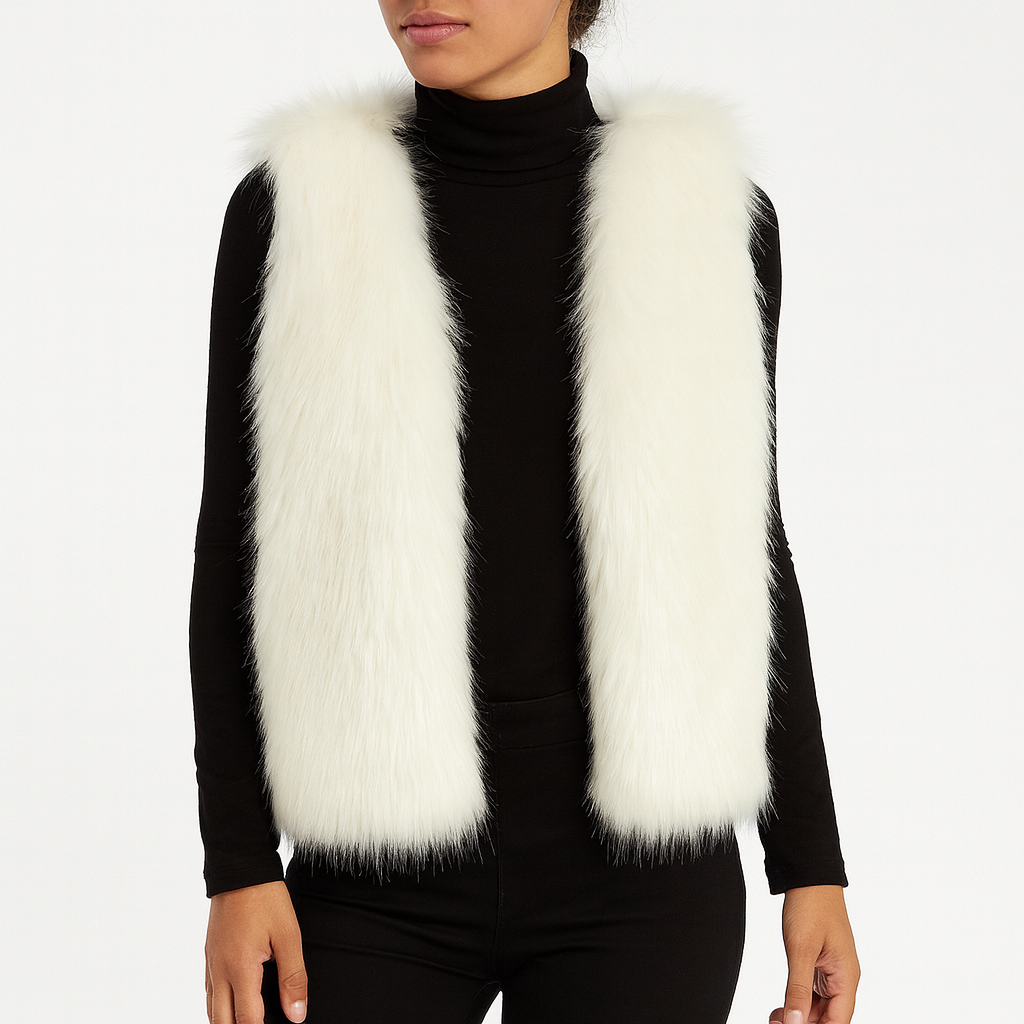 Trendig Tahlia damväst, ärmlös och elegant. Fuskpäls-väst för kvinnor, modernt ytterplagg i höst & vinter.