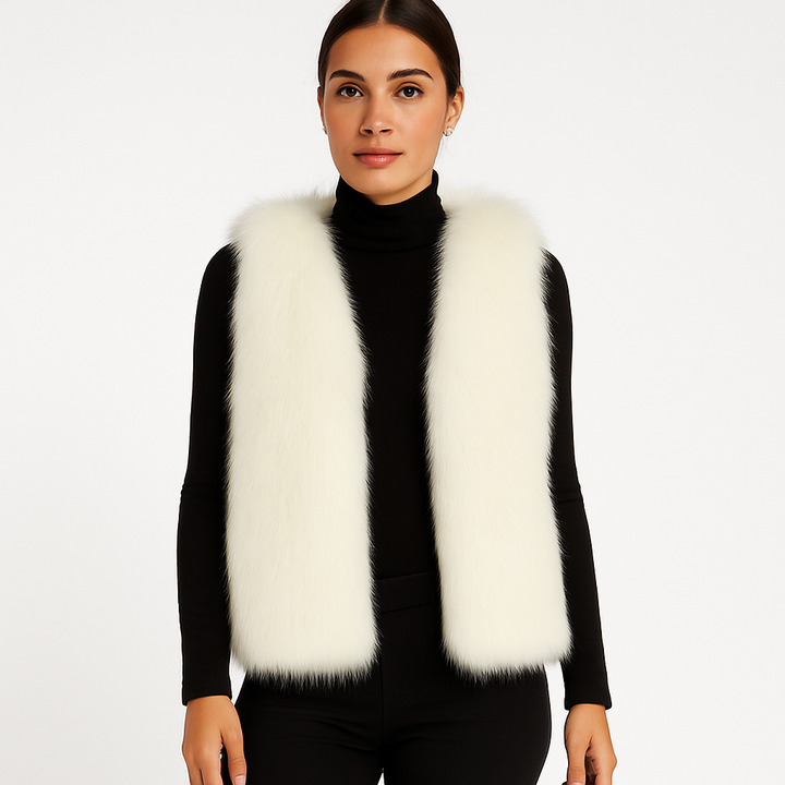 Ryggvy av elegant Tahlia ärmlös damväst. Stilfull fuskpäls-väst, perfekt som varmt ytterplagg för höst/vinter.