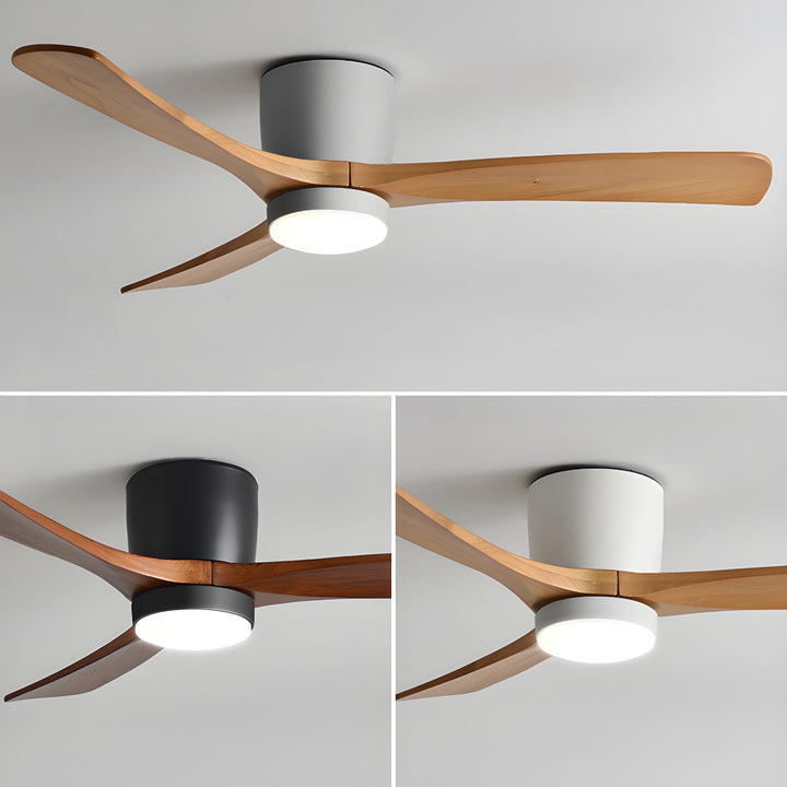 Takfläktlampa med fjärrkontroll, träblad och flexibel LED-belysning för hemmet.