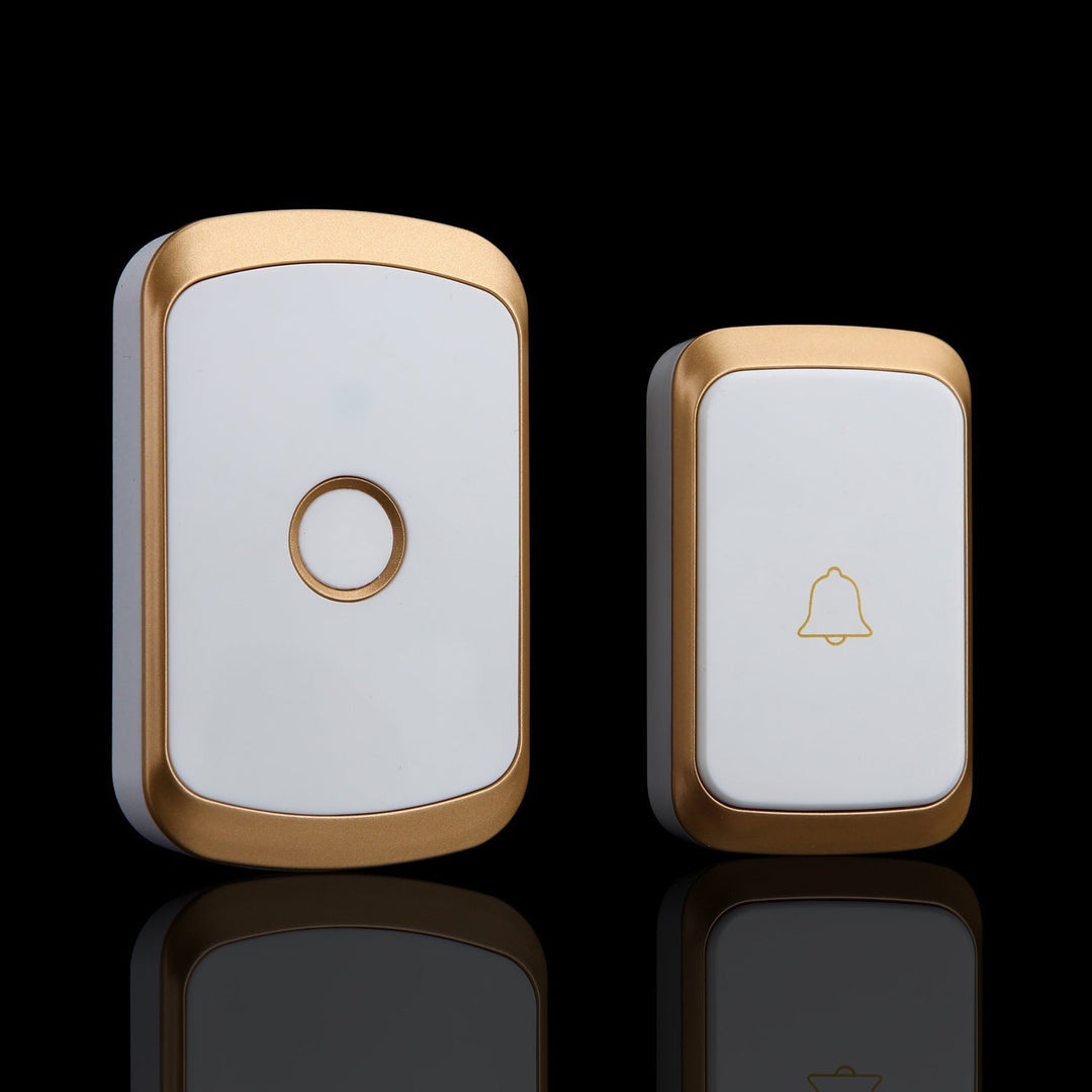 "Elegant trådlös dörrklocka i svart, guld, silver med volymkontroll. Modern design, 300m räckvidd, 36 toner."