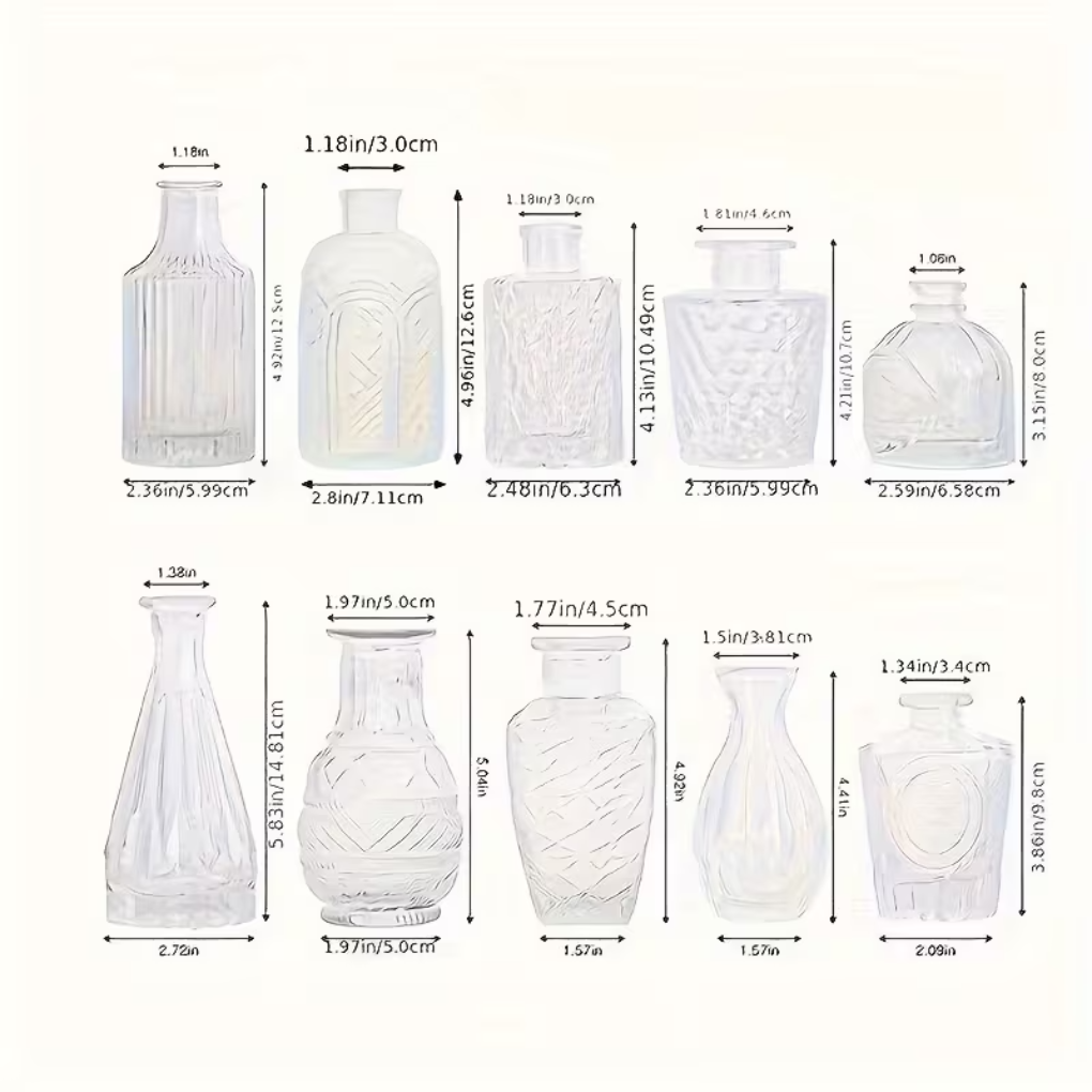 Elegant transparent reliefglasvas, set om 10, för stilfull heminredning & blomdekoration. Perfekt bordsdekoration.