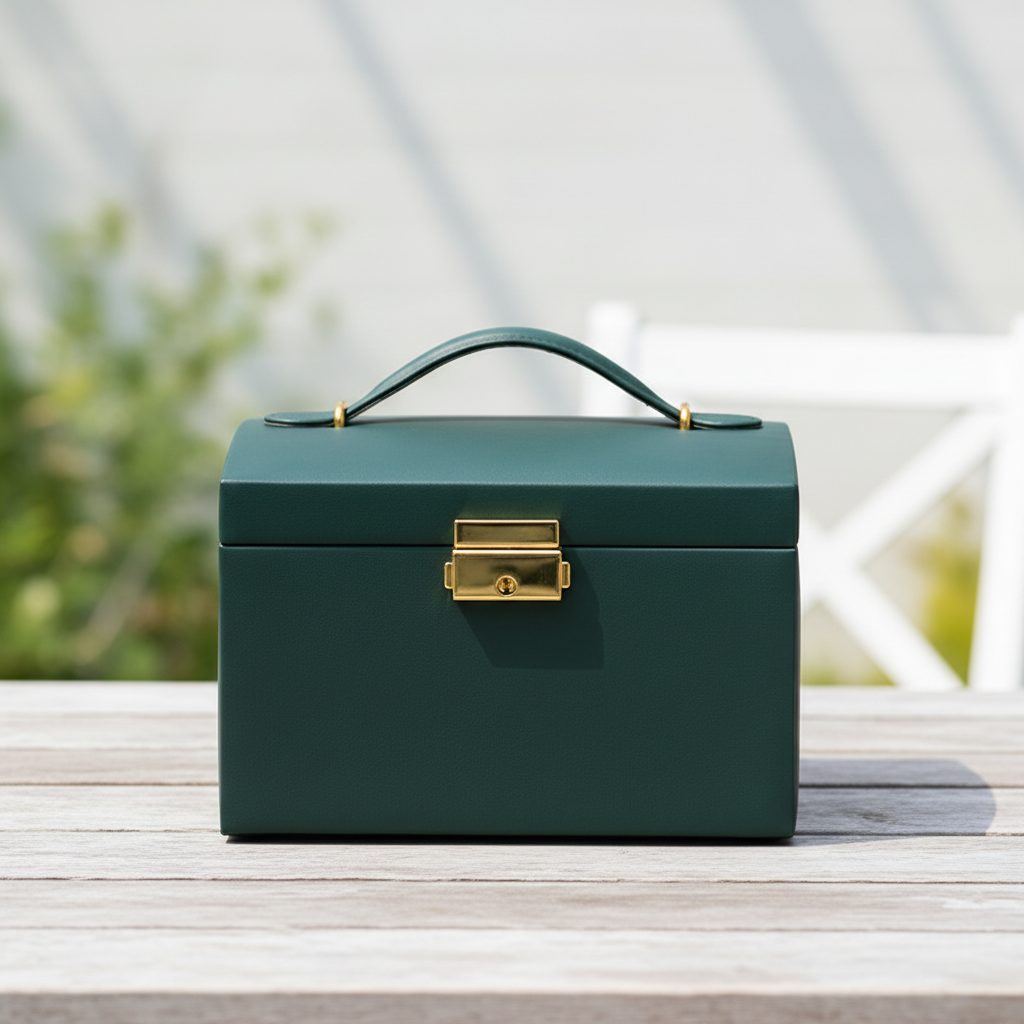 Elegant trelagers smyckeskrin i läderimitation för säker och organiserad förvaring av smycken och accessoarer.
