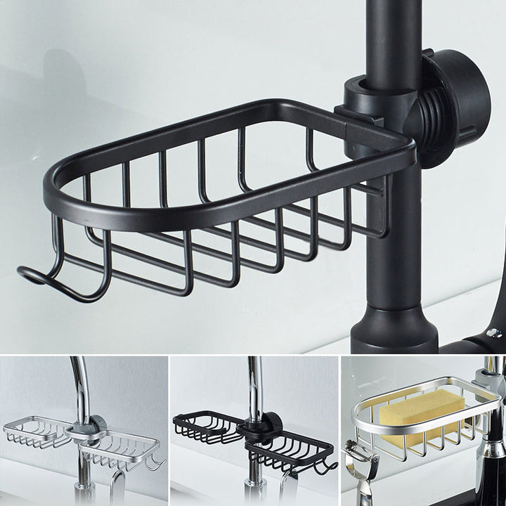 "Elegant tvålhållare i matt svart och silver, robust aluminium, för både kök och badrum, ger stil och organisation."