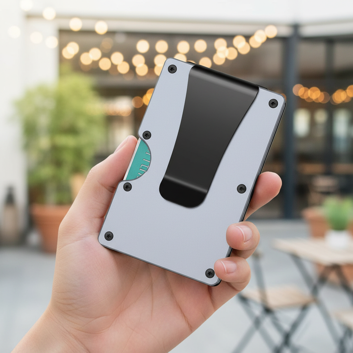 Elegant ultratunn herrplånbok med RFID-skydd. Minimalistisk design i slimmat format för kort.