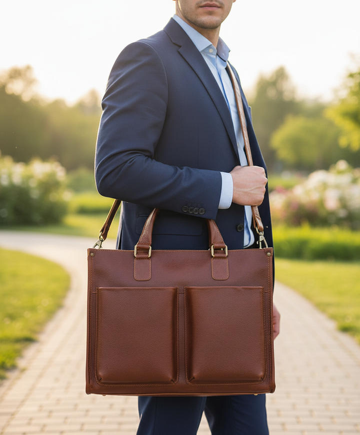Elegant unisex laptopväska i brunt läder för arbete & resor. Perfekt som affärsväska.