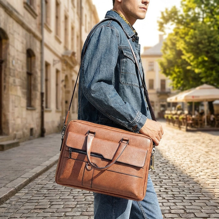 Elegant unisex laptopväska i svart PU-läder, med axelrem och rymliga fack för organiserad förvaring.
