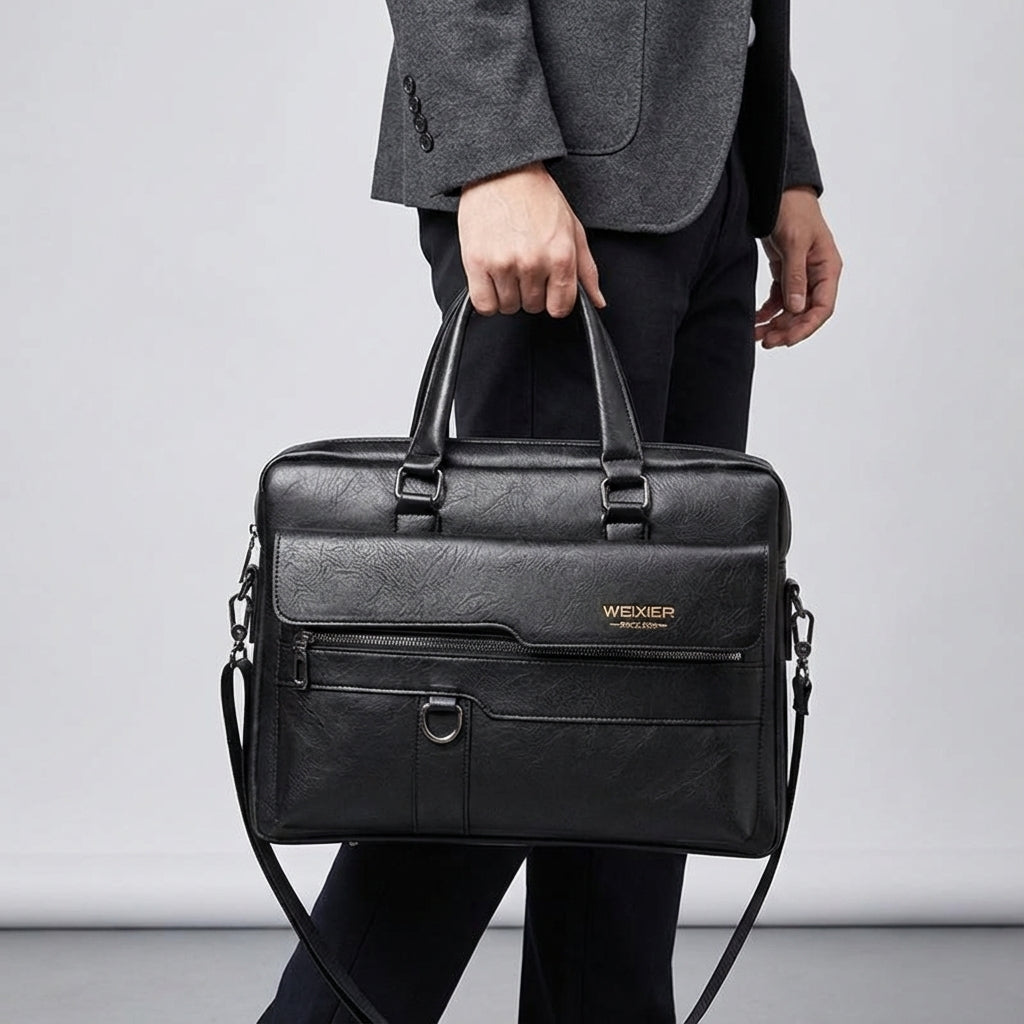 Detaljbild av elegant svart PU-läder på en unisex laptopväska, visar struktur och finish.