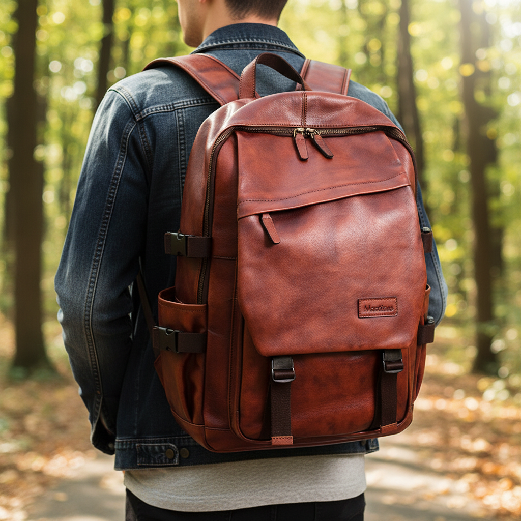 Elegant unisex ryggsäck i bordeaux läder för laptop, perfekt som stilren pendlar- och arbetsväska.
