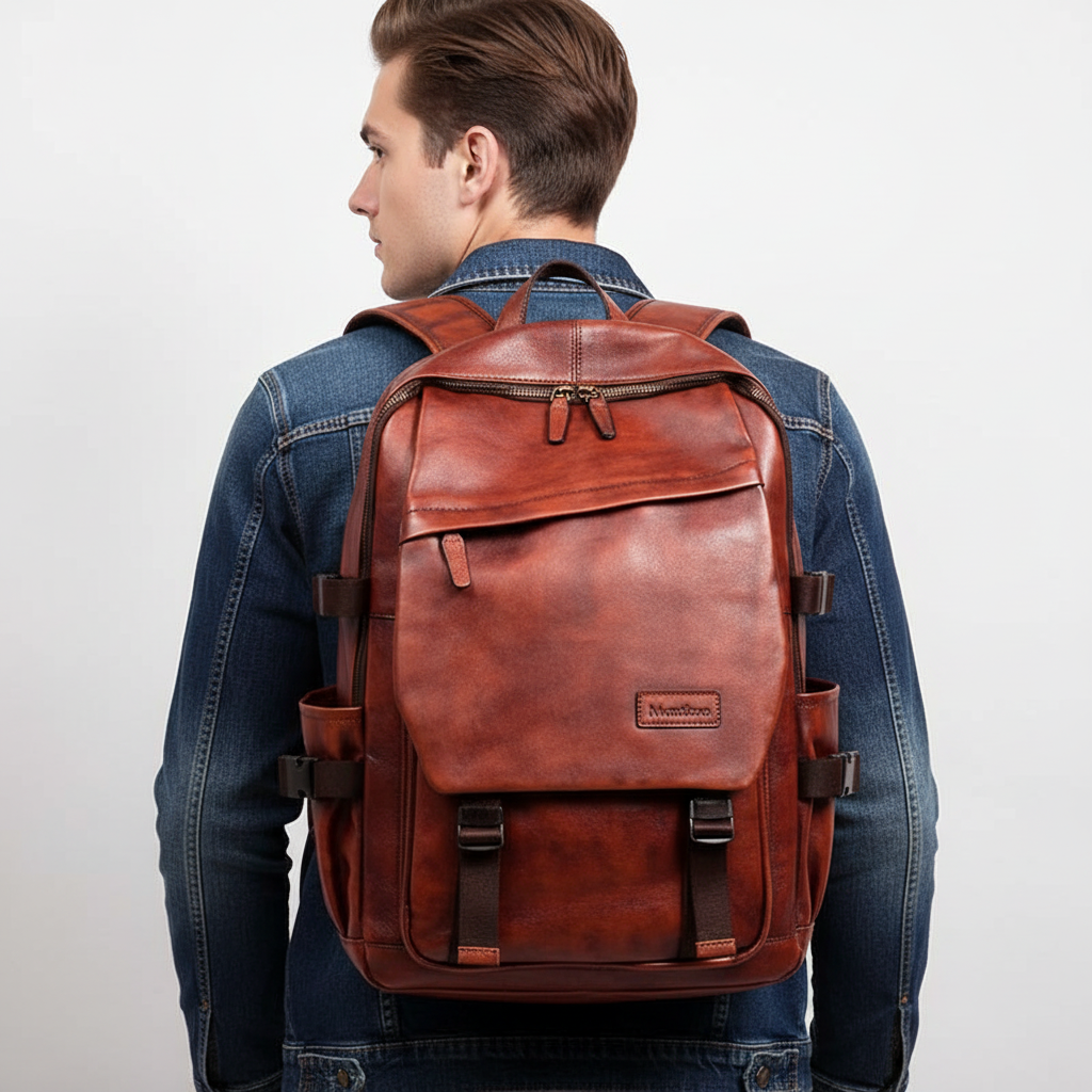 Handgjord bordeaux skinnryggsäck från Skinnato, en funktionell och stilren unisex laptopväska.