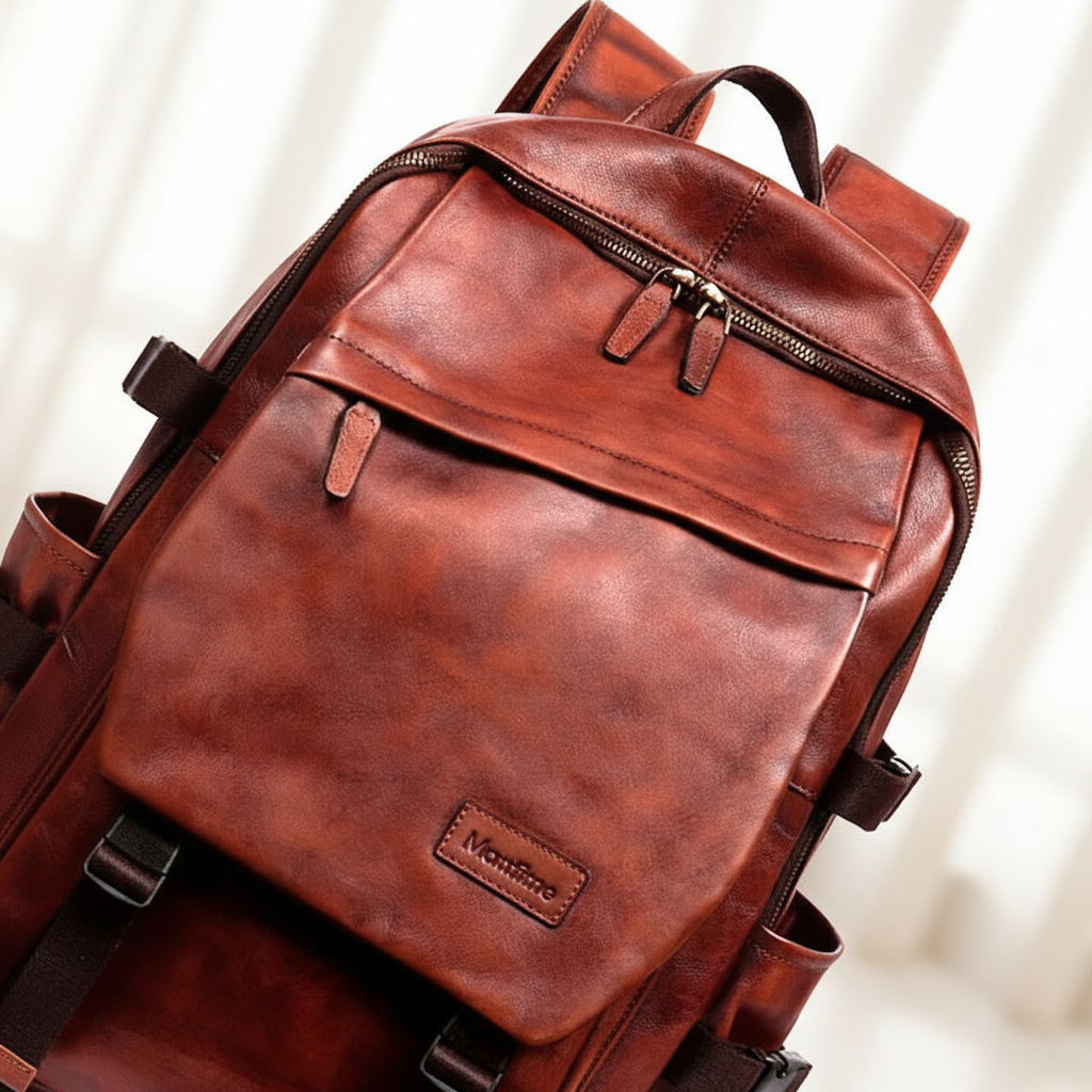 Stilfull bordeaux laptopryggsäck för unisex, en elegant skinnväska för arbete och vardag.