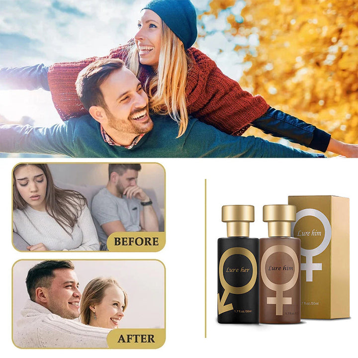 "Elegant unisexparfymflaska i guld och svart med långvarig sofistikerad doft för både män och kvinnor."