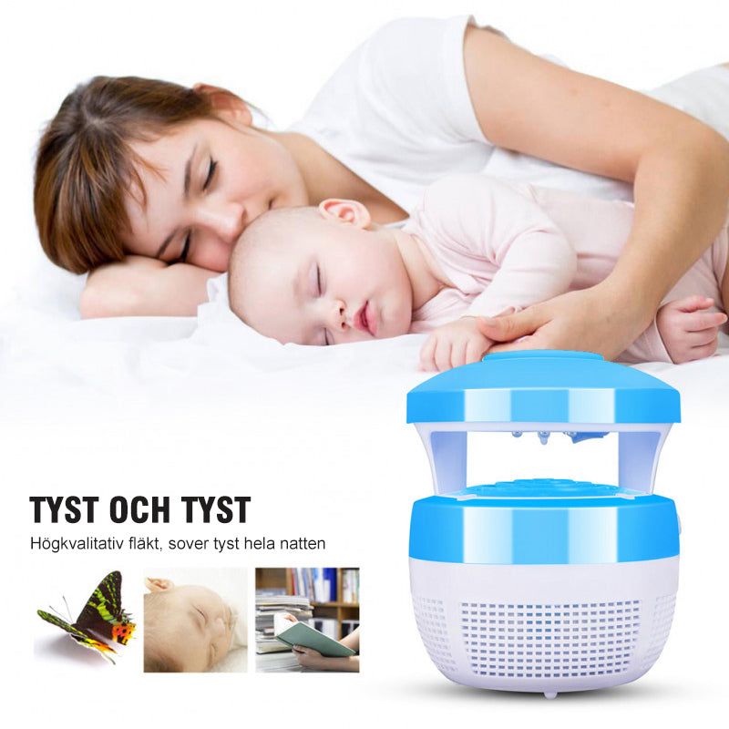 "Elegant USB-driven myggfångare i blått, grönt eller rosa för hemmet. Perfekt interiörtillbehör för ett myggfritt liv."