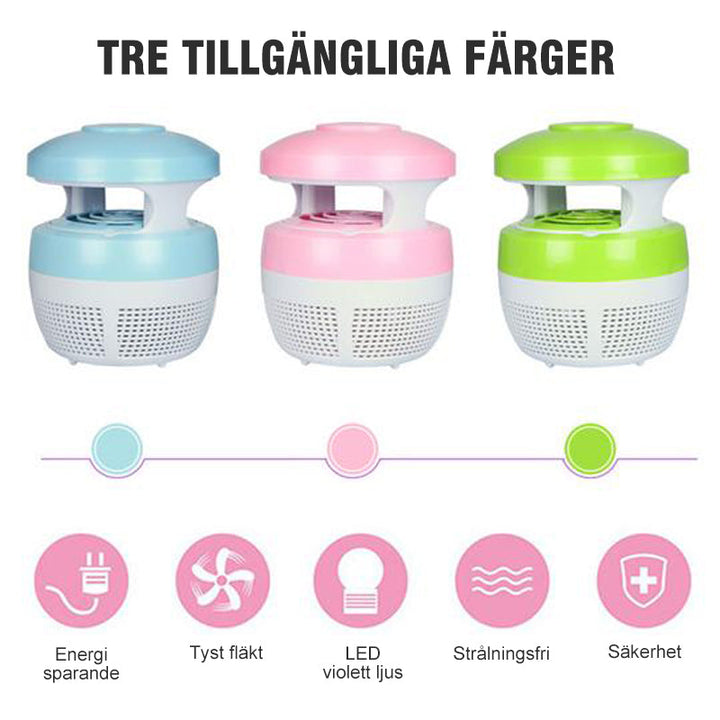 "Elegant USB-driven myggfångare i blått, grönt eller rosa för hemmet. Perfekt interiörtillbehör för ett myggfritt liv."