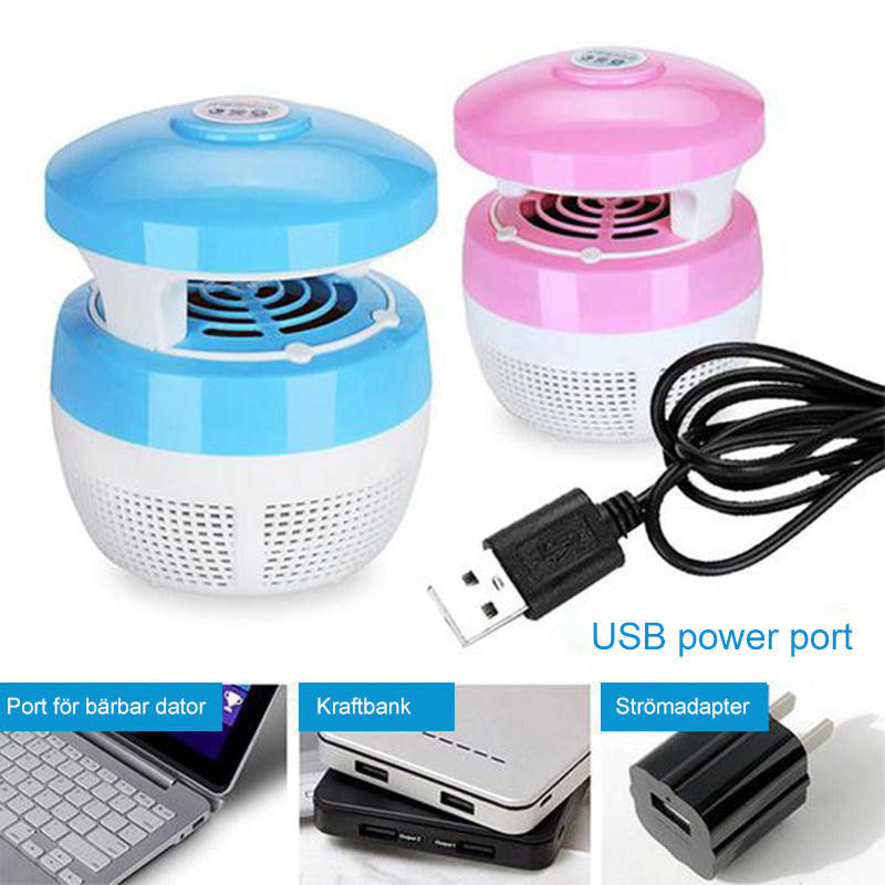 "Elegant USB-driven myggfångare i blått, grönt eller rosa för hemmet. Perfekt interiörtillbehör för ett myggfritt liv."