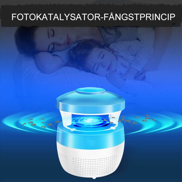 "Elegant USB-driven myggfångare i blått, grönt eller rosa för hemmet. Perfekt interiörtillbehör för ett myggfritt liv."