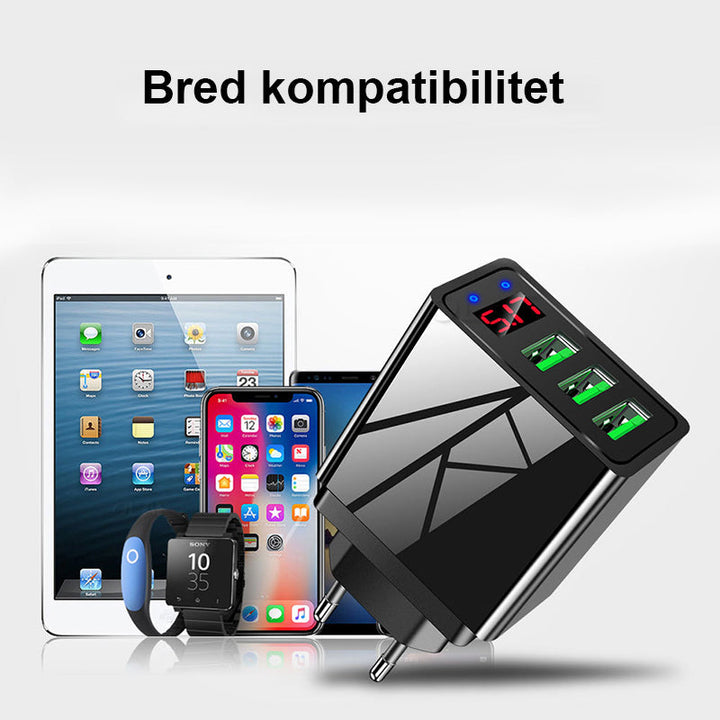 "Elegant USB-laddare med digital display framifrån, tre portar för snabb och effektiv laddning av flera enheter."