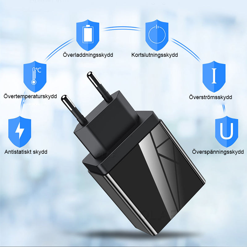 "Elegant USB-laddare med digital display framifrån, tre portar för snabb och effektiv laddning av flera enheter."