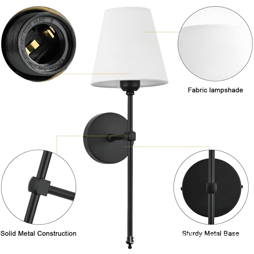 Svart metallvägglampa med tygskärm. Elegant retro belysning som inredningsdetalj för modern hemmiljö.