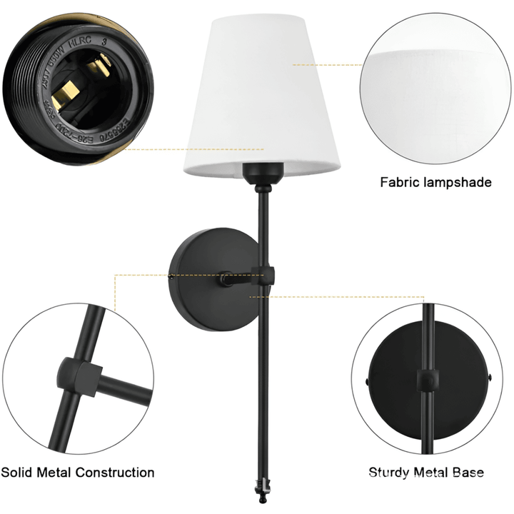 Svart metallvägglampa med tygskärm. Elegant retro belysning som inredningsdetalj för modern hemmiljö.