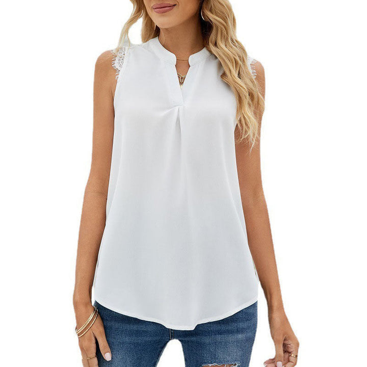"Elegant V-ringad ärmlös damväst i spetsmönstrad polyester, perfekt för lager på lager och romantiska sommaroutfits."
