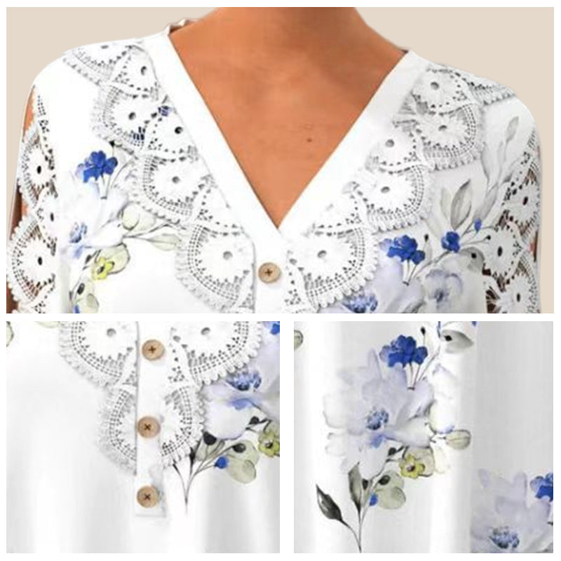 "Elegant V-ringad blus med blommigt mönster och spetsdetaljer, trekvartsärmar, passform för casual och formella tillfällen."