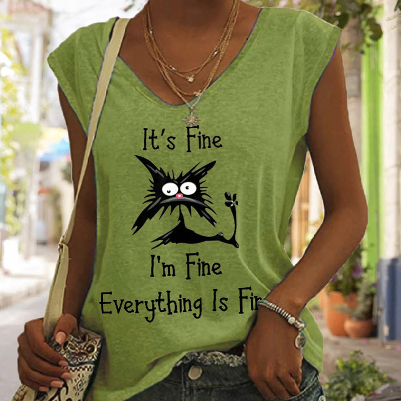 "Elegant V-ringad dam T-shirt med kattmönster, kortärmad, löst sittande för en avslappnad och lekfull stil."