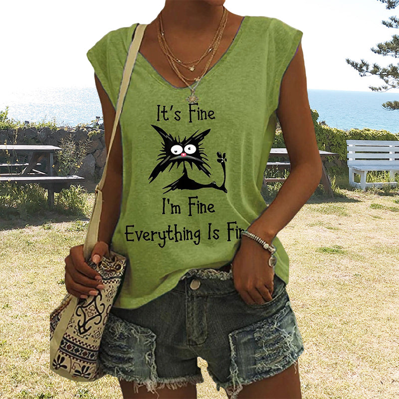 "Elegant V-ringad dam T-shirt med kattmönster, kortärmad, löst sittande för en avslappnad och lekfull stil."
