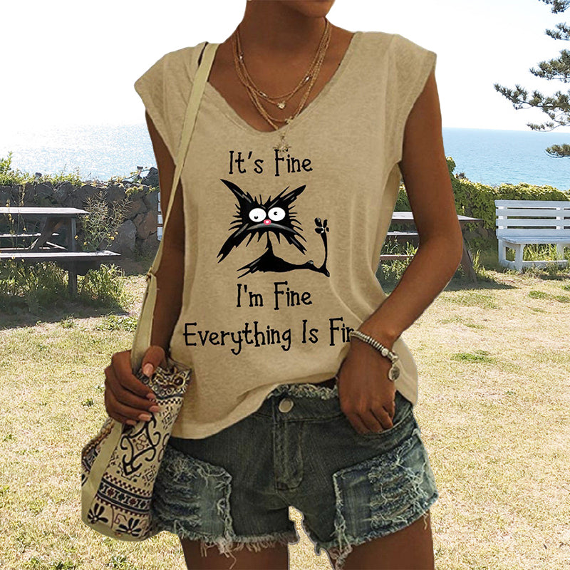 "Elegant V-ringad dam T-shirt med kattmönster, kortärmad, löst sittande för en avslappnad och lekfull stil."
