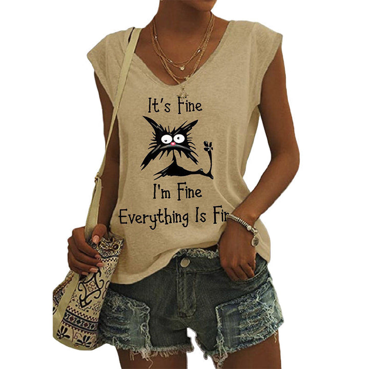 "Elegant V-ringad dam T-shirt med kattmönster, kortärmad, löst sittande för en avslappnad och lekfull stil."
