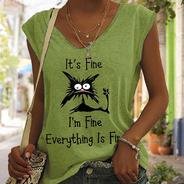 "Elegant V-ringad dam T-shirt med kattmönster, kortärmad, löst sittande för en avslappnad och lekfull stil."