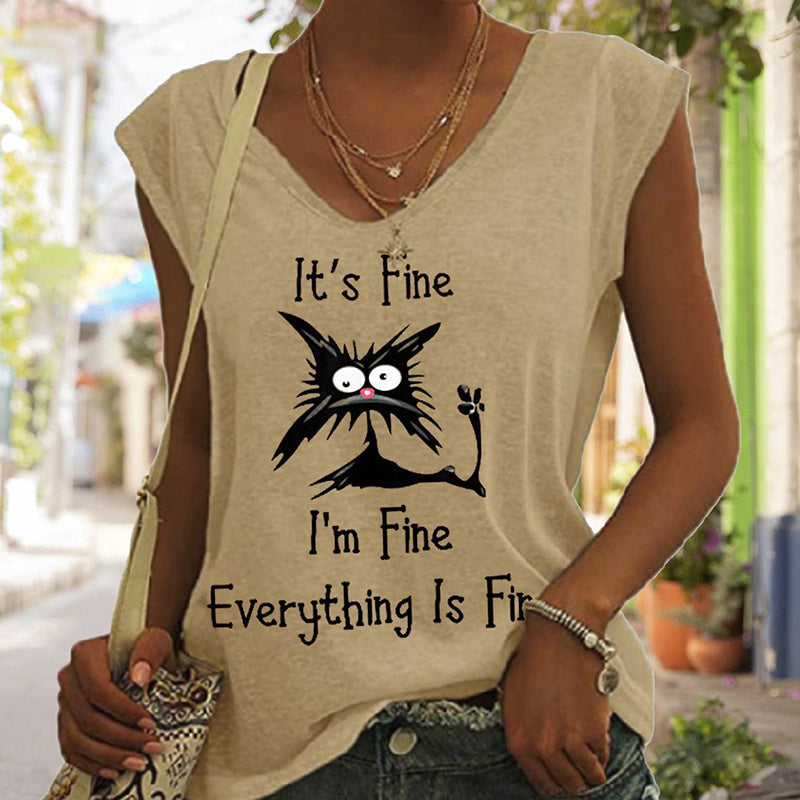 "Elegant V-ringad dam T-shirt med kattmönster, kortärmad, löst sittande för en avslappnad och lekfull stil."