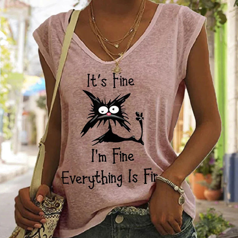 "Elegant V-ringad dam T-shirt med kattmönster, kortärmad, löst sittande för en avslappnad och lekfull stil."
