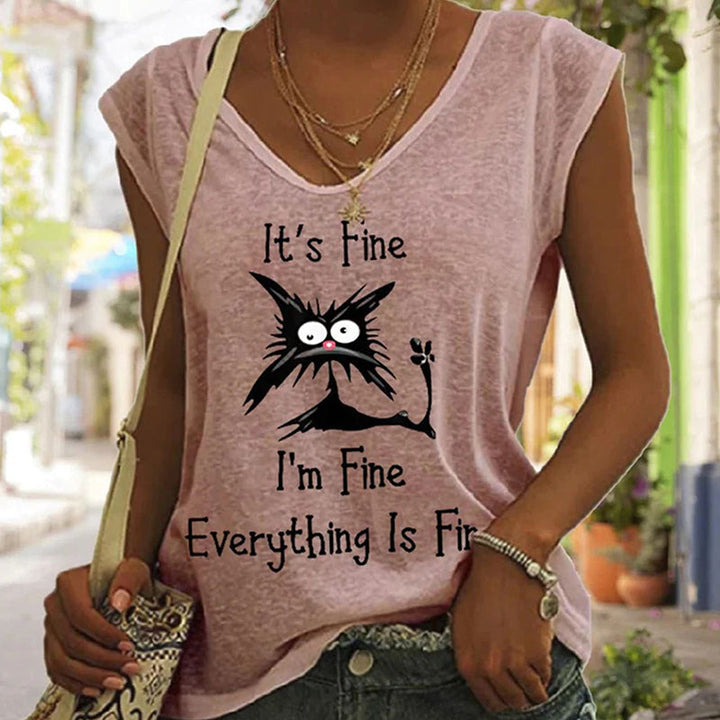 "Elegant V-ringad dam T-shirt med kattmönster, kortärmad, löst sittande för en avslappnad och lekfull stil."