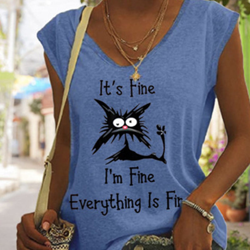 "Elegant V-ringad dam T-shirt med kattmönster, kortärmad, löst sittande för en avslappnad och lekfull stil."