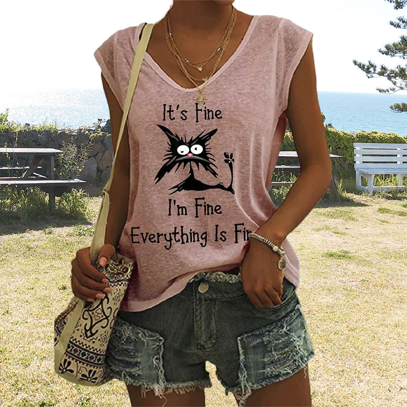 "Elegant V-ringad dam T-shirt med kattmönster, kortärmad, löst sittande för en avslappnad och lekfull stil."