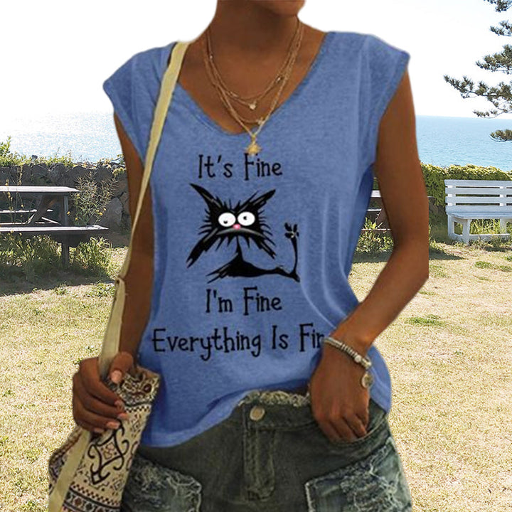 "Elegant V-ringad dam T-shirt med kattmönster, kortärmad, löst sittande för en avslappnad och lekfull stil."
