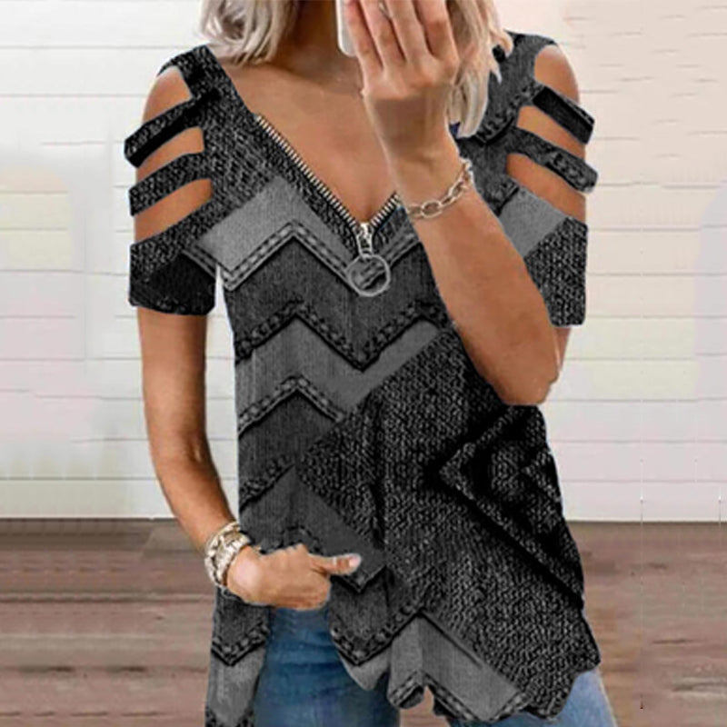 "Elegant V-ringad kortärmad t-shirt med dragkedja, djärvt mönster. Perfekt för sommar, kvinnors toppar och blusar."