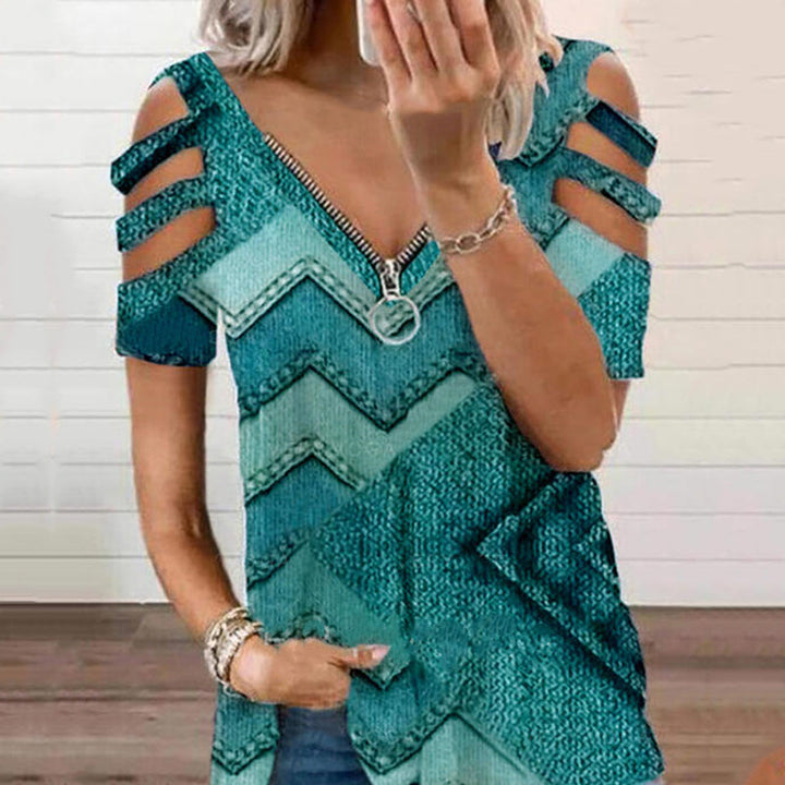 "Elegant V-ringad kortärmad t-shirt med dragkedja, djärvt mönster. Perfekt för sommar, kvinnors toppar och blusar."