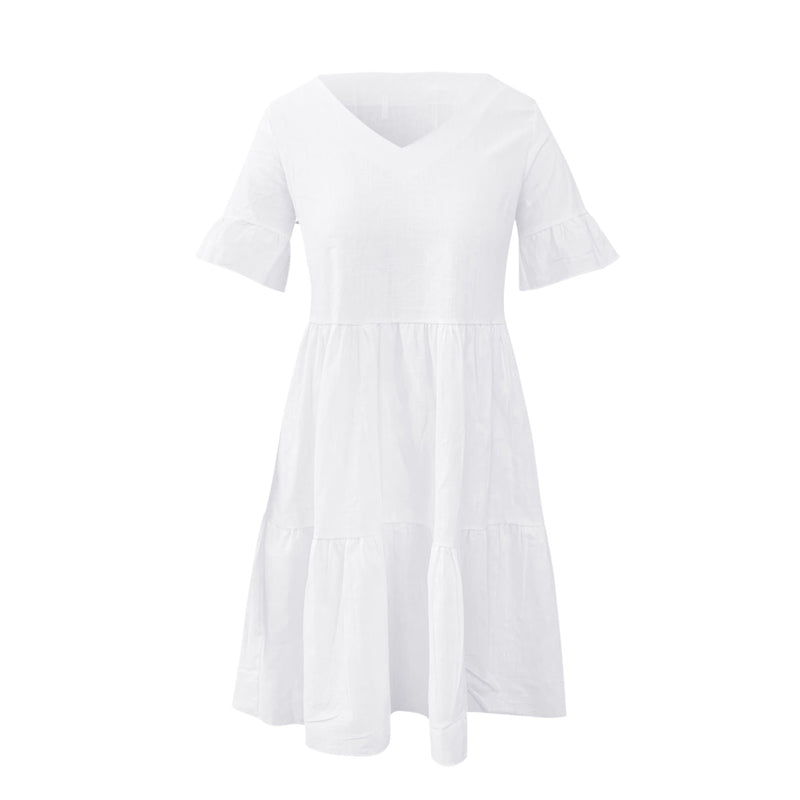 "Elegant V-ringad sommarklänning i mjukt nylon, vit färg. Perfekt för kvinnor, chic stil och ledig passform."