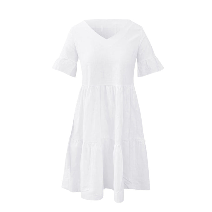 "Elegant V-ringad sommarklänning i mjukt nylon, vit färg. Perfekt för kvinnor, chic stil och ledig passform."