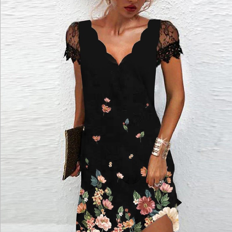 "Elegant v-ringad spetsklänning med blommönster, kort ärm och mjuk bomullsblandning för vår-look, kvinnor"