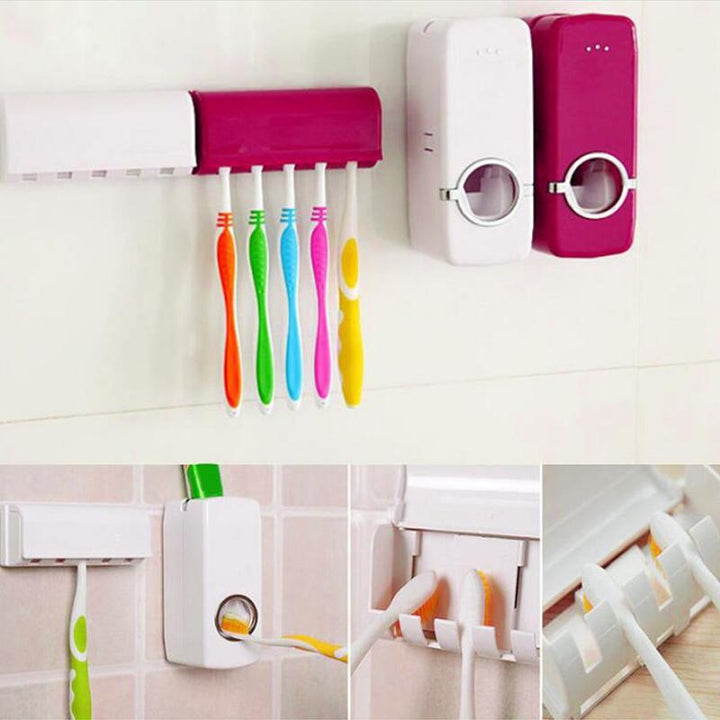 "Elegant väggmonterad tandborsthållare med handsfree dispenser i modern röd och vit design för ett organiserat badrum."
