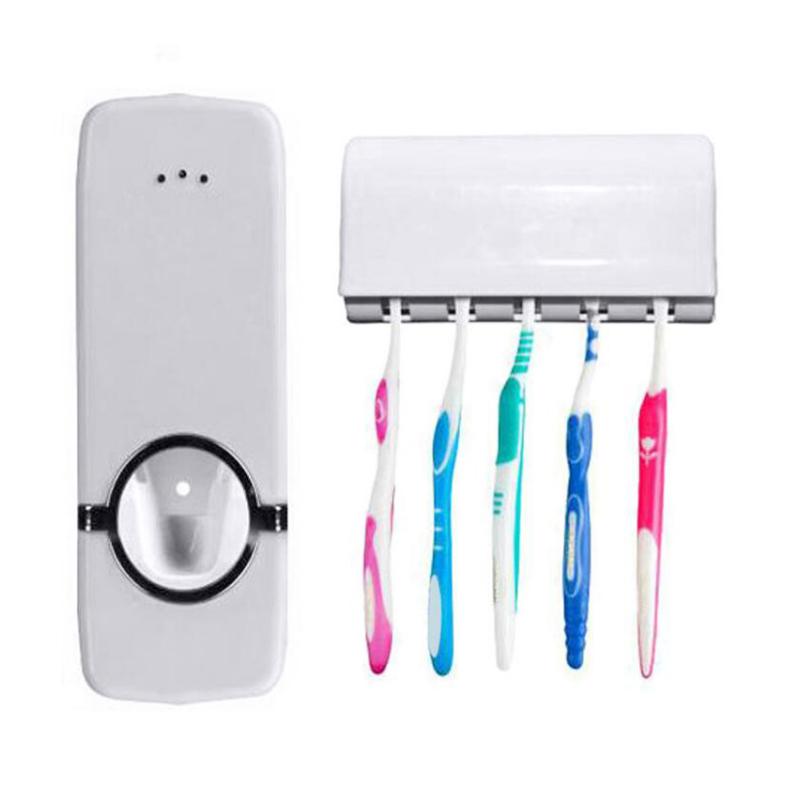 "Elegant väggmonterad tandborsthållare med handsfree dispenser i modern röd och vit design för ett organiserat badrum."