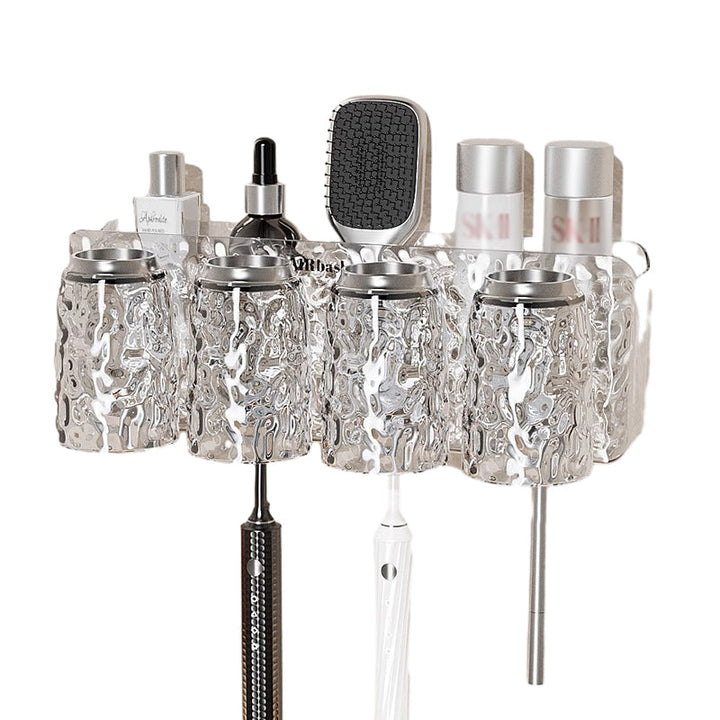 "Elegant väggmonterad tandborsthållare med munsköljkopp i silver/grå, sparar plats och håller badrummet organiserat."