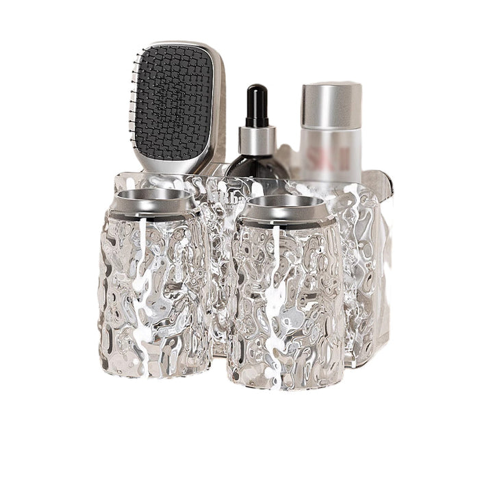 "Elegant väggmonterad tandborsthållare med munsköljkopp i silver/grå, sparar plats och håller badrummet organiserat."