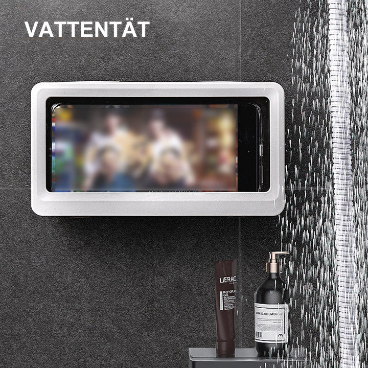 "Elegant vattentät telefonhållare för badrum, säker montering, transparent design, passar telefoner upp till 6,8 tum"