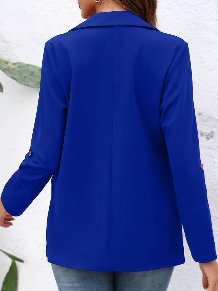 Svart casual kvinnors kavaj med öppen front, bekväm passform, mångsidig för vår och höst. Vardagslook.